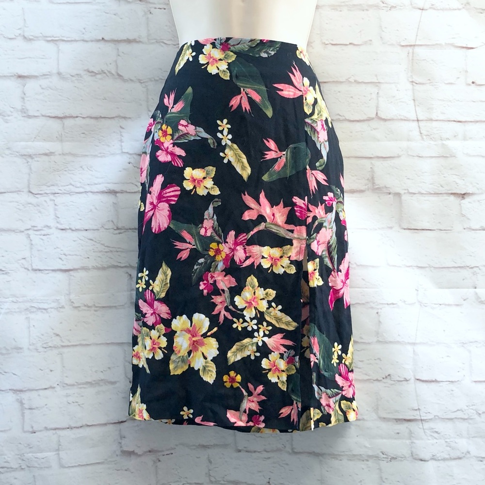 Forever 21 Tropical Floral Slit Pencil Skirt S Blk